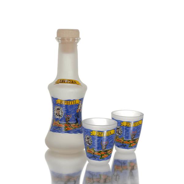 Carafe Set of 2 shots frosted glass with print, kitchen, raki, tsikoudia