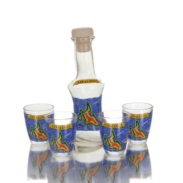 Carafe Set of 4 shots transparent glass with print, kitchen, raki, tsikoudia