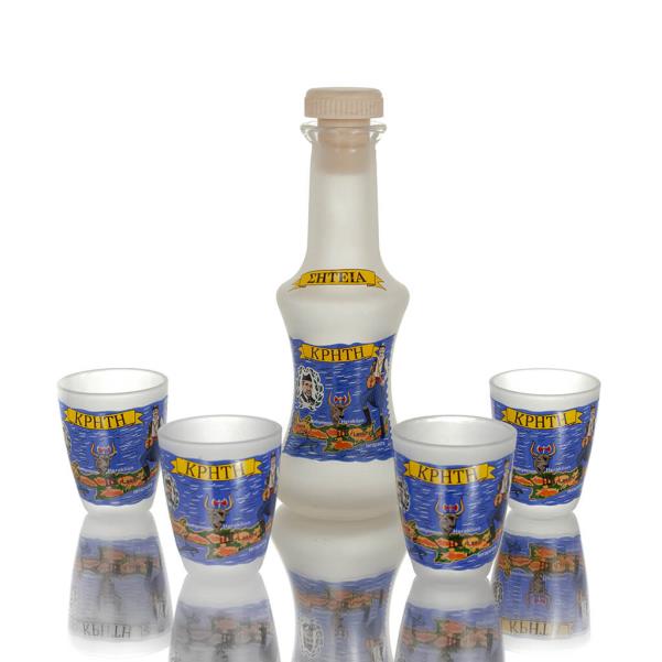 Carafe Set of 4 shots frosted glass with print, kitchen, raki, tsikoudia