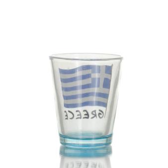 Clear glass blue 6cm shot glass with Flag print, kitchen, raki, tsikoudia, shot glass