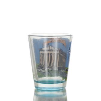 Klart glas blått 6cm snapsglas med Parthenontryck, kök, raki, tsikoudia, snapsglas