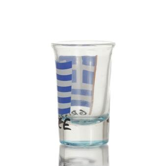 Clear glass blue 7cm shot glass with Flag print, kitchen, raki, tsikoudia, shot glass