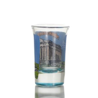 Clear glass blue 7cm shot glass with Parthenon print, kitchen, raki, tsikoudia, shot glass