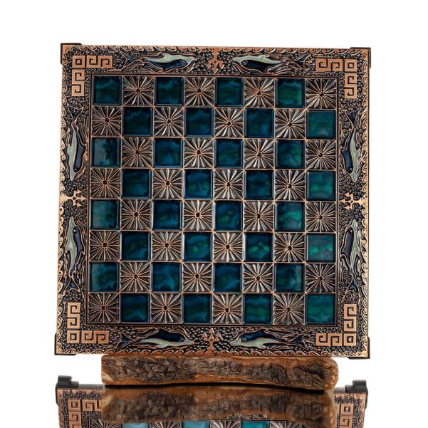 Chessboard copper enamel 33x33cm meandering dolphin, Chess, board game